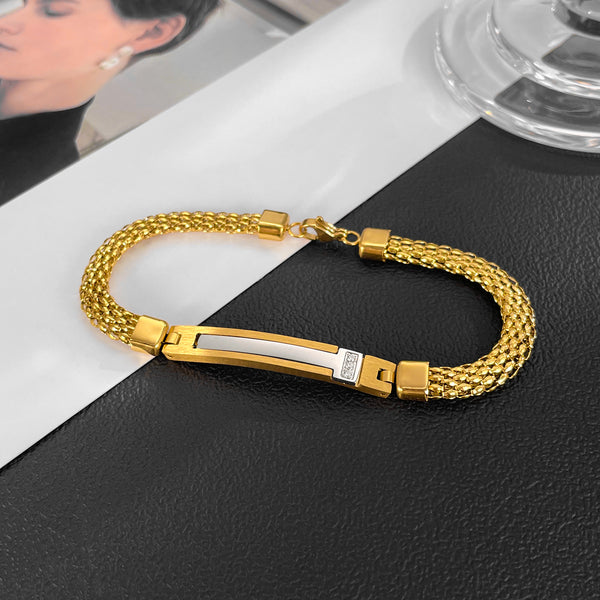 Men’s Titanium Stainless Steel Bracelet – Gold Plated Woven Chain with White Inlay & CZ Accent – Durable, Stylish & Hypoallergenic Jewelry for Men-Men's Bracelet-SunnyHouse Jewelry