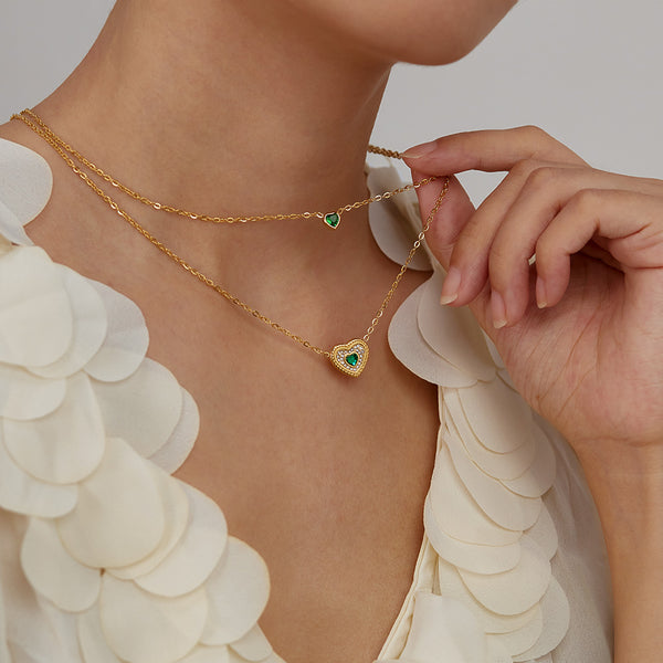 Women's Titanium Stainless Steel Double Layer Heart Pendant Necklace, Gold-Plated with Green Crystal Accents – Fashion Jewelry for Casual and Special Occasions-Women's Necklace-SunnyHouse Jewelry