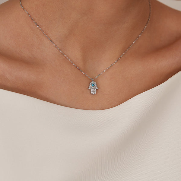 Women’s Evil Eye Hamsa Hand Pendant Necklace – Sterling Silver Plated Chain with Blue Eye Charm – Protective Jewelry Gift for Women-Women's Necklace-SunnyHouse Jewelry