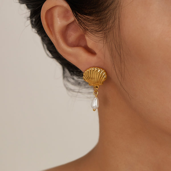 Women’s Gold Shell Pearl Drop Earrings – Elegant Seashell Dangle Earrings with Simulated Pearl, Ocean-Inspired Jewelry for Women and Girls-Women's Earrings-SunnyHouse Jewelry