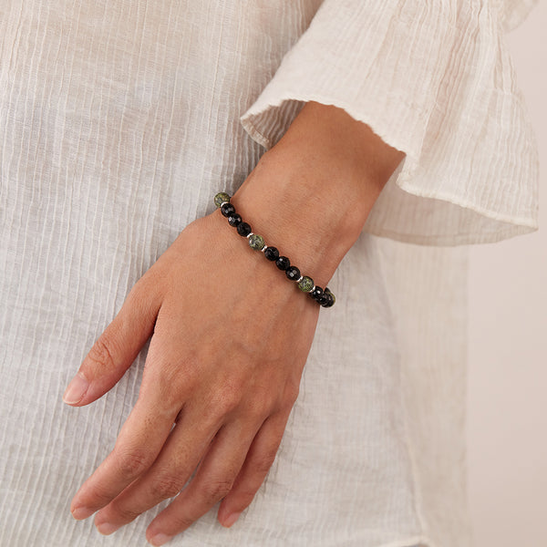 Adjustable Women’s Titanium Stainless Steel Beaded Bracelet – Natural Black Agate & Green Jasper, Faceted Macramé Slide Knot, Hypoallergenic & Tarnish‑Resistant Jewelry Gift-Women's Bangle-SunnyHouse Jewelry