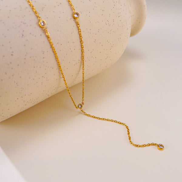 Women’s Y-Shaped Pendant Necklace – Gold Plated Titanium Stainless Steel with Cubic Zirconia Accents – Dainty Drop Chain Jewelry – Hypoallergenic & Tarnish Resistant-Women's Necklace-SunnyHouse Jewelry