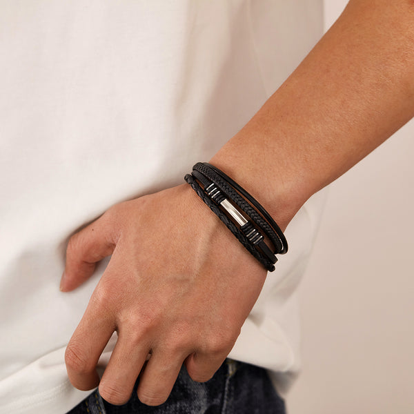 Men’s Multi-Layer Leather Bracelet with Titanium Stainless Steel Clasp – Braided & Smooth Black Bands, Magnetic Closure, Stylish Cuff Jewelry for Men-Men's Bracelet-SunnyHouse Jewelry