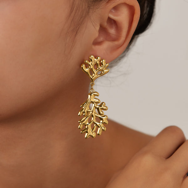 Women’s Gold Coral Reef Dangle Earrings – Ocean-Inspired Statement Earrings, Elegant Long Drop Jewelry for Women and Girls-Women's Earrings-SunnyHouse Jewelry