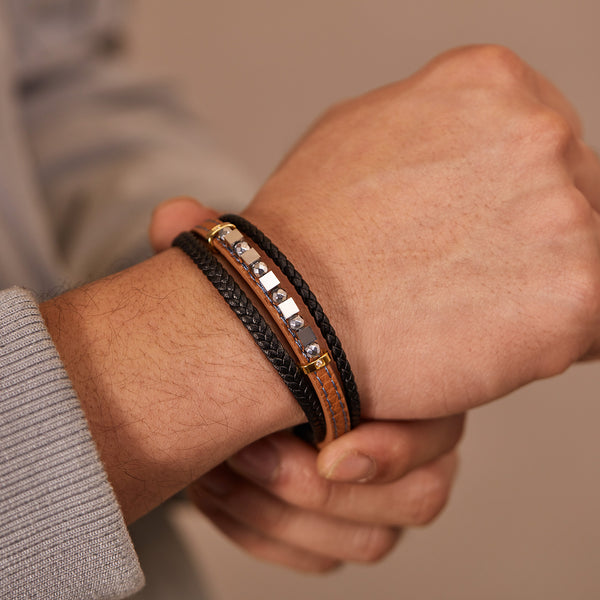 Men's Leather and Stainless Steel Bracelet – Dual Tone with Orange Stitching and Beaded Accents, Magnetic Clasp-Men's Bracelet-SunnyHouse Jewelry