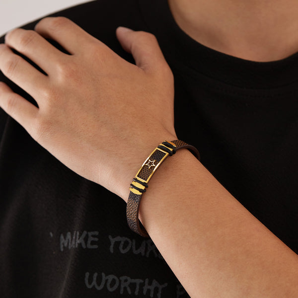 Men's Titanium Stainless Steel Bracelet with Textured Leather and Star Motif - Durable and Stylish Accessory-Men's Bracelet-SunnyHouse Jewelry