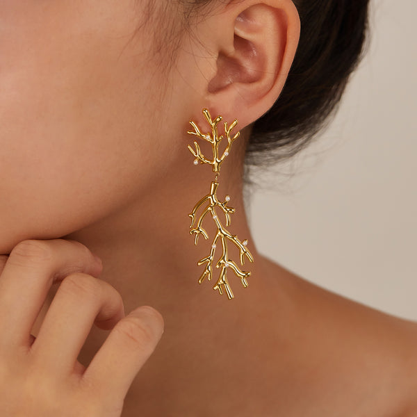 Women’s Gold Coral Branch Pearl Drop Earrings – Ocean-Inspired Long Dangle Earrings with Simulated Pearls, Statement Jewelry for Women and Girls-Women's Earrings-SunnyHouse Jewelry