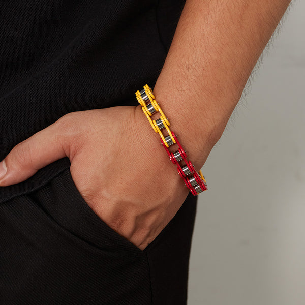 Men’s Titanium Stainless Steel Harley Bike Bracelet – Yellow and Red Link Punk Biker Jewelry, Durable Wristband for Men-Men's Bracelet-SunnyHouse Jewelry