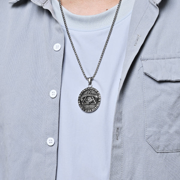 Men's Titanium Stainless Steel All-Seeing Eye Pendant Necklace - Vintage Symbolic Jewelry with Triangle and Eye Design-Men's Pendant Necklace-SunnyHouse Jewelry