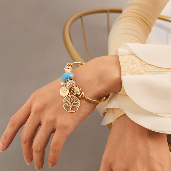 Gold Charm Bracelet for Women with Blue Beads and Tree of Life Charms - Elegant and Stylish Jewelry for Any Occasion-Women's Bangle-SunnyHouse Jewelry