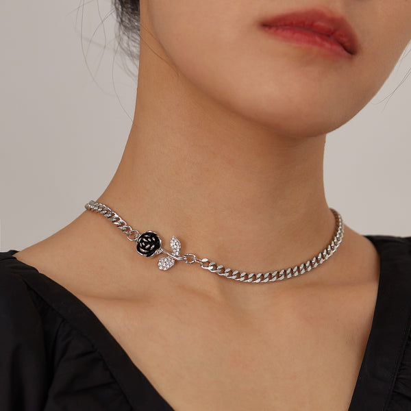 Women’s Lucky Rose Pendant Necklace – Silver Chain with Black Rose and Crystal Leaves, Elegant Durable Fashion Jewelry for Women-Women's Necklace-SunnyHouse Jewelry
