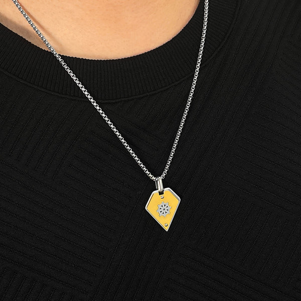Stylish Men's Pendant Necklace - Stainless Steel Chain with Yellow and Silver Dharmachakra Motif, Durable and Trendy Accessory for Everyday Wear-Men's Pendant Necklace-SunnyHouse Jewelry