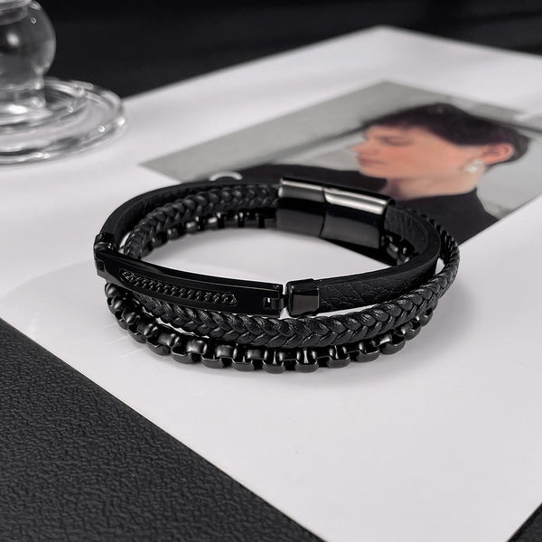 Men’s Titanium Stainless Steel Leather Bracelet – Multi-Layer Braided Rope & Chain Wristband – Stylish Durable Magnetic Clasp Jewelry for Men-Men's Bracelet-SunnyHouse Jewelry
