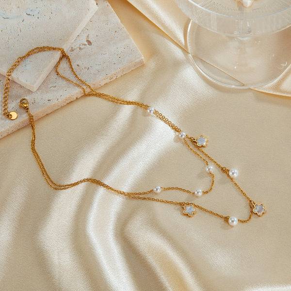 Women’s Simple Fashion Pendant Necklace – Layered Gold Chain with Pearl & Clover Charms, Dainty Fashion Jewelry for Everyday Wear and Special Occasions-Women's Necklace-SunnyHouse Jewelry