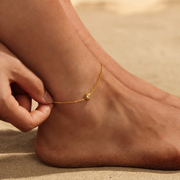 Women’s Gold Titanium Stainless Steel Anklet with Flower Charm and Cubic Zirconia – Dainty Adjustable Chain Ankle Bracelet for Women and Girls-Women's Anklet-SunnyHouse Jewelry