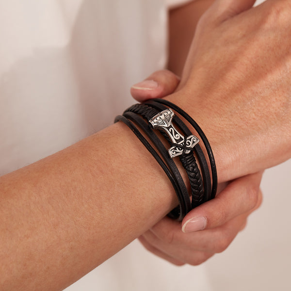 Men’s Viking Thor's Hammer Bracelet – Titanium Stainless Steel & Black Leather Braided Wrap Bracelet – Norse Mythology Jewelry for Men-Men's Bracelet-SunnyHouse Jewelry