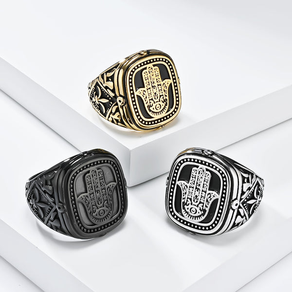 Men's Hamsa Hand Ring - Vintage Black Engraved Signet Ring for Protection and Style-Men's Ring-SunnyHouse Jewelry