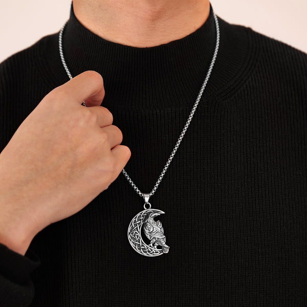 Celtic Crow Moon Pendant Necklace for Men – Titanium Stainless Steel Raven Necklace with Pentagram and Knotwork – Norse Viking Bird Amulet Jewelry-Men's Pendant Necklace-SunnyHouse Jewelry