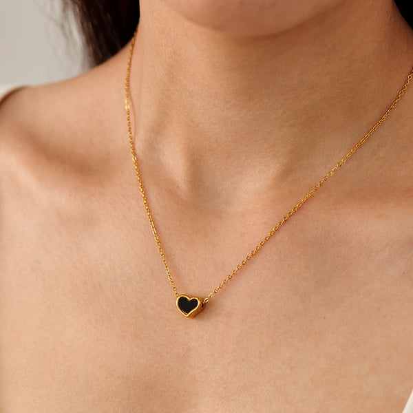 Women’s Titanium Stainless Steel Heart Pendant Necklace – Gold-Plated Chain with Black Enamel, Hypoallergenic & Fade-Resistant Romantic Jewelry-Women's Necklace-SunnyHouse Jewelry