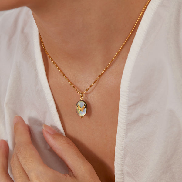 Women’s Titanium Stainless Steel Butterfly Pendant Necklace with Abalone Shell Inlay, Gold-Plated Hypoallergenic Adjustable Chain, Elegant Jewelry for Women and Girls-Women's Necklace-SunnyHouse Jewelry