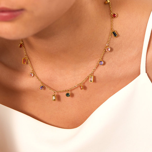 Vibrant Women's Gold Chain Necklace with Multicolor Gemstone Charms – Elegant, Playful Jewelry Piece-Women's Necklace-SunnyHouse Jewelry