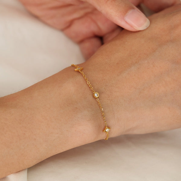 18K Gold‑Plated Titanium Stainless Steel Station Bracelet for Women – Adjustable Dainty Round & Square Cubic Zirconia Charms, Hypoallergenic & Tarnish‑Resistant Jewelry Gift-Women's Bangle-SunnyHouse Jewelry