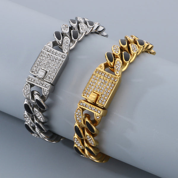 Men's Gold & Black Cuban Link Titanium Stainless Steel Bracelet - Crystal Accents-Men's Bracelet-SunnyHouse Jewelry