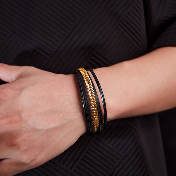 Elegant Men's Leather and Gold Plated Braided Bracelet – Modern, Versatile Design with Secure Clasp-Men's Bracelet-SunnyHouse Jewelry