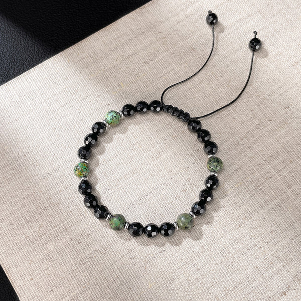 Men’s Beaded Bracelet – Adjustable Black Faceted Beads with Green Natural Stone Accents – Handmade Braided Cord, Stylish and Comfortable Jewelry for Men-Men's Bracelet-SunnyHouse Jewelry