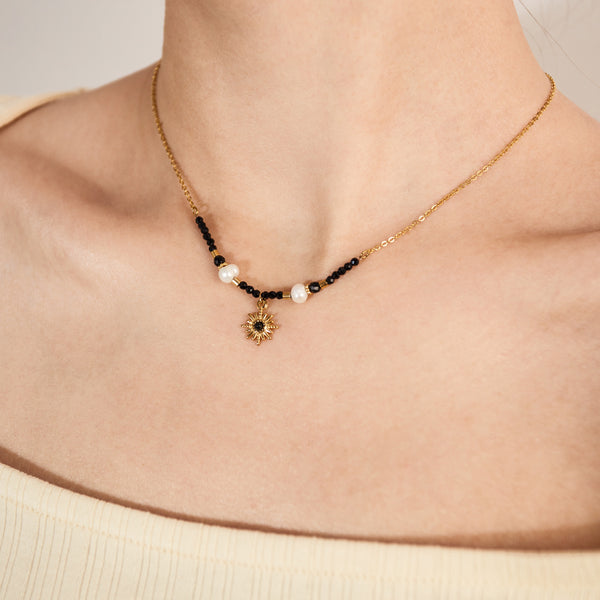 Elegant Women's Black Bead and Pearl Pendant Necklace with Gold Sunburst Charm – Versatile, Fashionable Accessory-Women's Necklace-SunnyHouse Jewelry