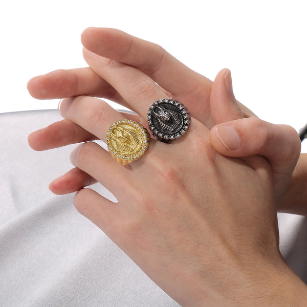 Men's Pharaoh Head Ring - Titanium Stainless Steel Egyptian Style Jewelry with Crystal Accents-Men's Ring-SunnyHouse Jewelry