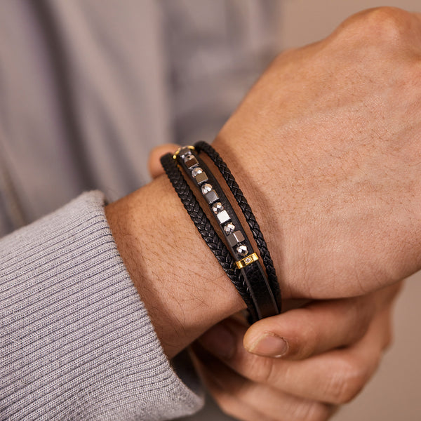 Sophisticated Men's Black Leather and Stainless Steel Beaded Bracelet – Elegant Design with Magnetic Clasp-Men's Earrings-SunnyHouse Jewelry