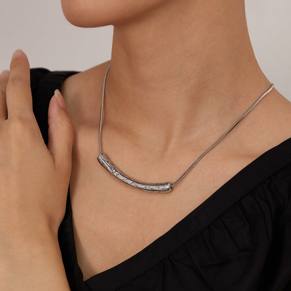 Women’s Lucky Bar Pendant Necklace – Silver Engraved Floral Design, Minimalist Fashion Jewelry for Women, Durable Everyday Necklace-Women's Necklace-SunnyHouse Jewelry