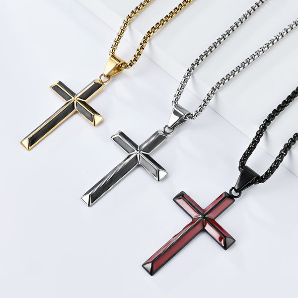Men's Titanium Stainless Steel Cross Pendant Necklace with Black Inlay - Elegant and Bold Accessory-Men's Pendant Necklace-SunnyHouse Jewelry