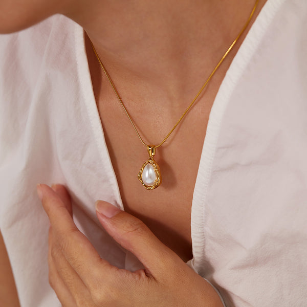 Women’s Titanium Stainless Steel Teardrop Pearl Pendant Necklace, Gold-Plated Hypoallergenic Chain, Elegant and Adjustable Jewelry for Women and Girls-Women's Necklace-SunnyHouse Jewelry