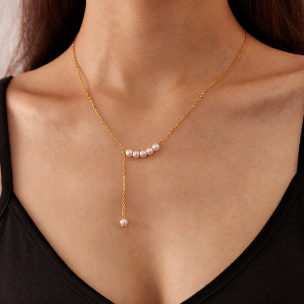 Women’s Y-Shaped Pearl Pendant Necklace – Gold Plated Titanium Stainless Steel Chain – Elegant Drop Design – Dainty Hypoallergenic Jewelry for Women-Women's Necklace-SunnyHouse Jewelry
