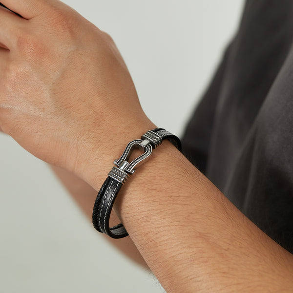 Men's Nautical Leather Bracelet with Stainless Steel Carabiner Clasp - Adventurous and Rugged Accessory-Men's Bracelet-SunnyHouse Jewelry