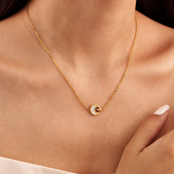 Women’s Titanium Stainless Steel Moon and Star Pendant Necklace – Gold Plated Celestial Design with Mother of Pearl Inlay – Dainty Hypoallergenic Jewelry-Women's Necklace-SunnyHouse Jewelry