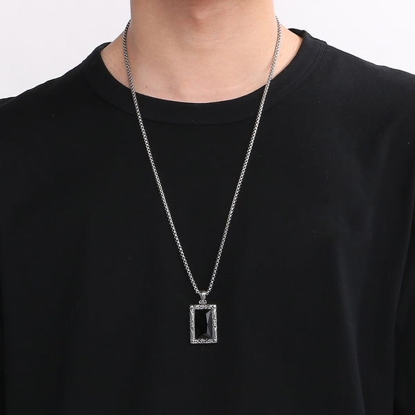 Men’s Titanium Stainless Steel Blue Stone Pendant Necklace – Vintage-Style Rectangular Pendant with Intricate Detailing – Durable Fashion Necklace for Men-Men's Pendant Necklace-SunnyHouse Jewelry