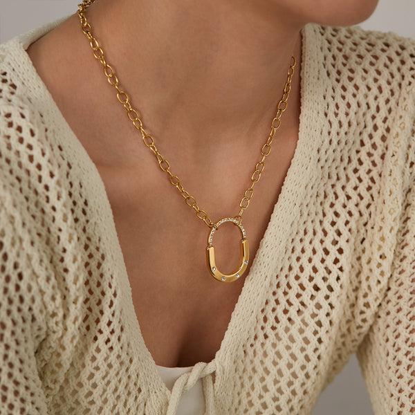 Women's Titanium Stainless Steel Oval Pendant Necklace with Cubic Zirconia – Gold-Plated Chain – Hypoallergenic & Tarnish Resistant-Women's Necklace-SunnyHouse Jewelry