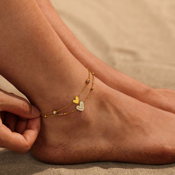 Women’s Gold Titanium Stainless Steel Double Layer Heart Anklet – Adjustable Dainty Chain Ankle Bracelet with Enamel & Cubic Zirconia Charms-Women's Anklet-SunnyHouse Jewelry