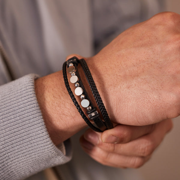 Men's Multi-Strand Leather Bracelet with Stainless Steel Discs – Modern Design, Magnetic Clasp-Men's Bracelet-SunnyHouse Jewelry