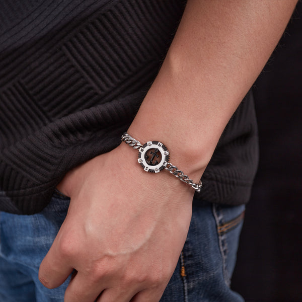 Titanium Stainless Steel Nautical Compass Men's Bracelet – Adjustable, Sleek Chain Link with Anchor Design-Men's Bracelet-SunnyHouse Jewelry