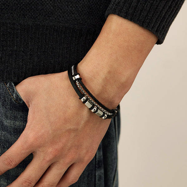 Men’s Titanium Stainless Steel Leather Bracelet – Multi-Strand Black Braided Leather and Chain with Silver Beads – Stylish Magnetic Clasp Wristband for Men-Men's Bracelet-SunnyHouse Jewelry