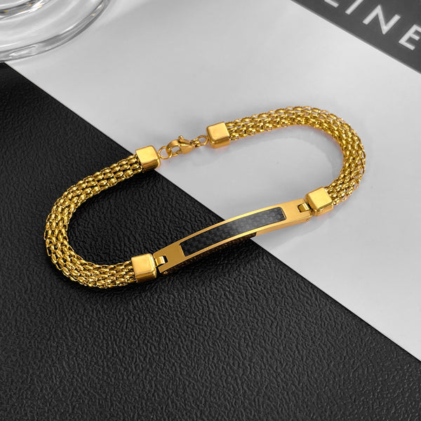 Men’s Titanium Stainless Steel Bracelet – Gold Plated Mesh Chain with Black Carbon Fiber Inlay – Durable, Stylish, and Hypoallergenic Jewelry for Men-Men's Bracelet-SunnyHouse Jewelry