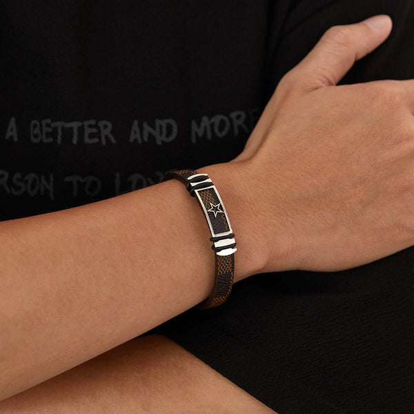Men's Titanium Stainless Steel Bracelet with Textured Leather and Star Motif - Durable and Stylish Accessory-Men's Bracelet-SunnyHouse Jewelry