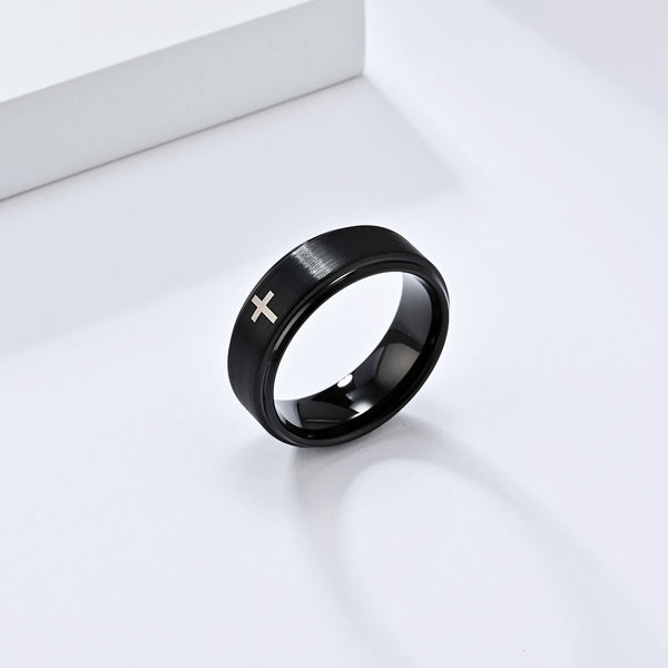 Sleek Black Titanium Stainless Steel Men's Ring with Cross Symbol - Modern Design, Comfort Fit, Hypoallergenic, Durable, 8mm-Men's Ring-SunnyHouse Jewelry