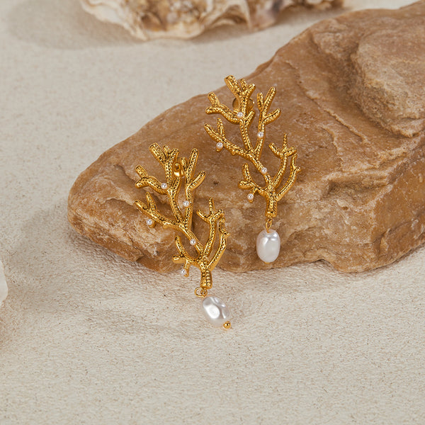 Women’s Gold Coral Pearl Drop Earrings – Ocean-Inspired Statement Earrings with Simulated Pearls, Elegant Dangle Jewelry for Women and Girls-Women's Earrings-SunnyHouse Jewelry