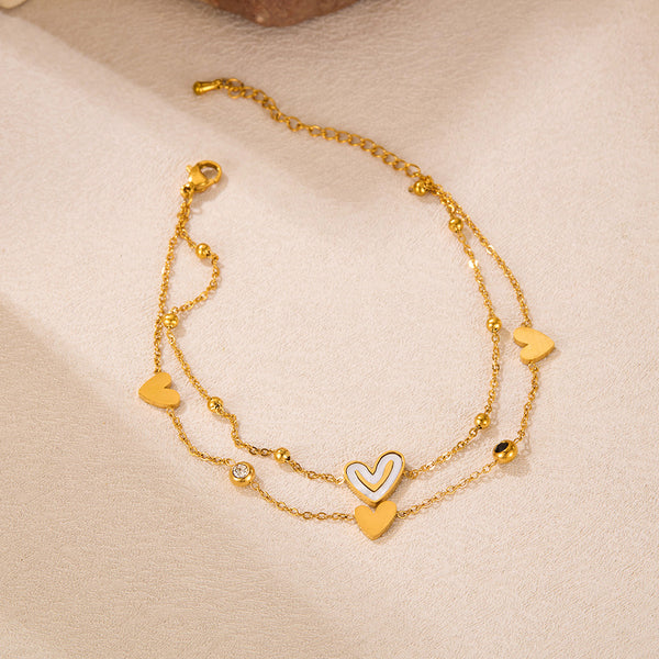 Women’s Gold Titanium Stainless Steel Double Layer Heart Anklet – Adjustable Dainty Chain Ankle Bracelet with Enamel & Cubic Zirconia Charms-Women's Anklet-SunnyHouse Jewelry