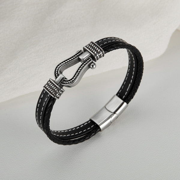 Men's Nautical Leather Bracelet with Stainless Steel Carabiner Clasp - Adventurous and Rugged Accessory-Men's Bracelet-SunnyHouse Jewelry